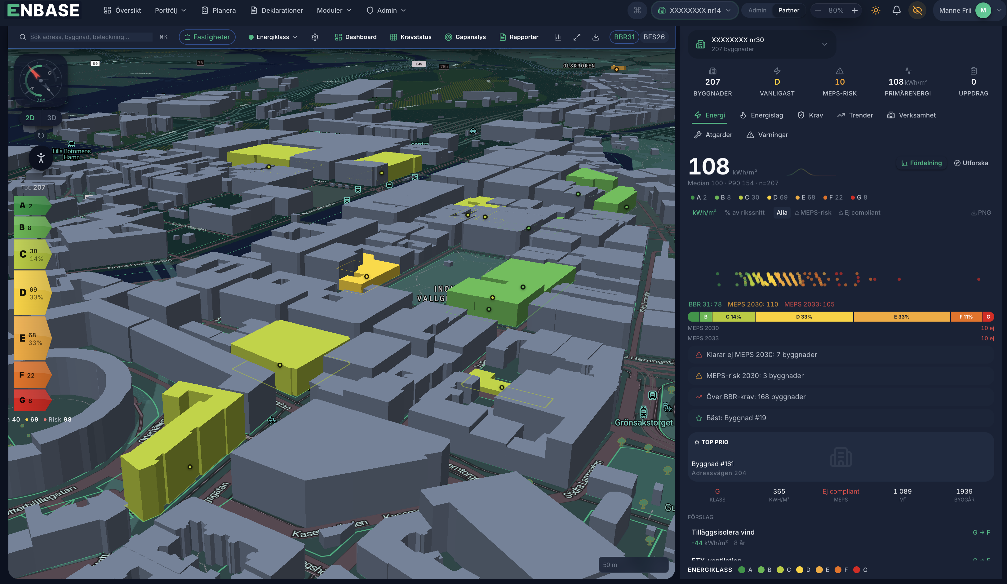 3D-vy över byggnadsportfölj med energiklasser